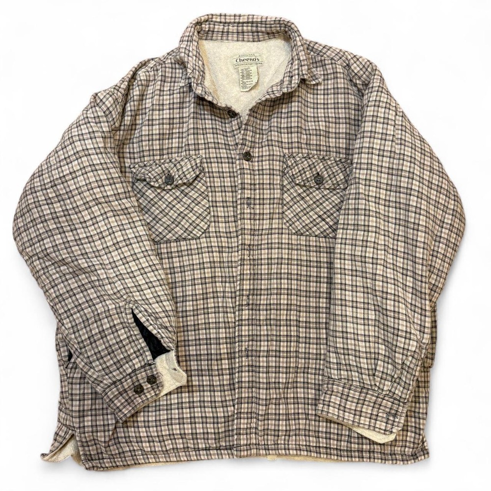 Vintage Cheeno's Sherpa Lined Plaid Flannel Shirt Jacket Mens Gray Beige Shacket
